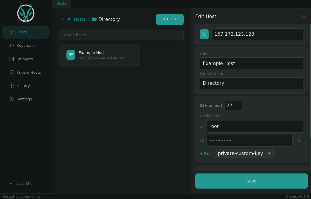 Oryxis host editor with folder navigation and credentials