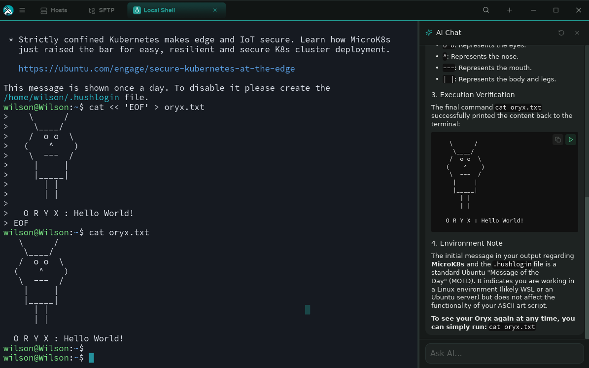Terminal session with streaming AI Chat sidebar