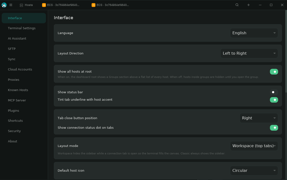 Settings Interface section with workspace mode and tab options
