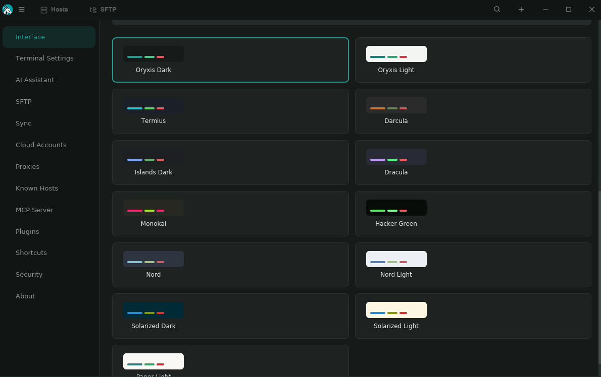 Terminal theme picker with 13 palette previews