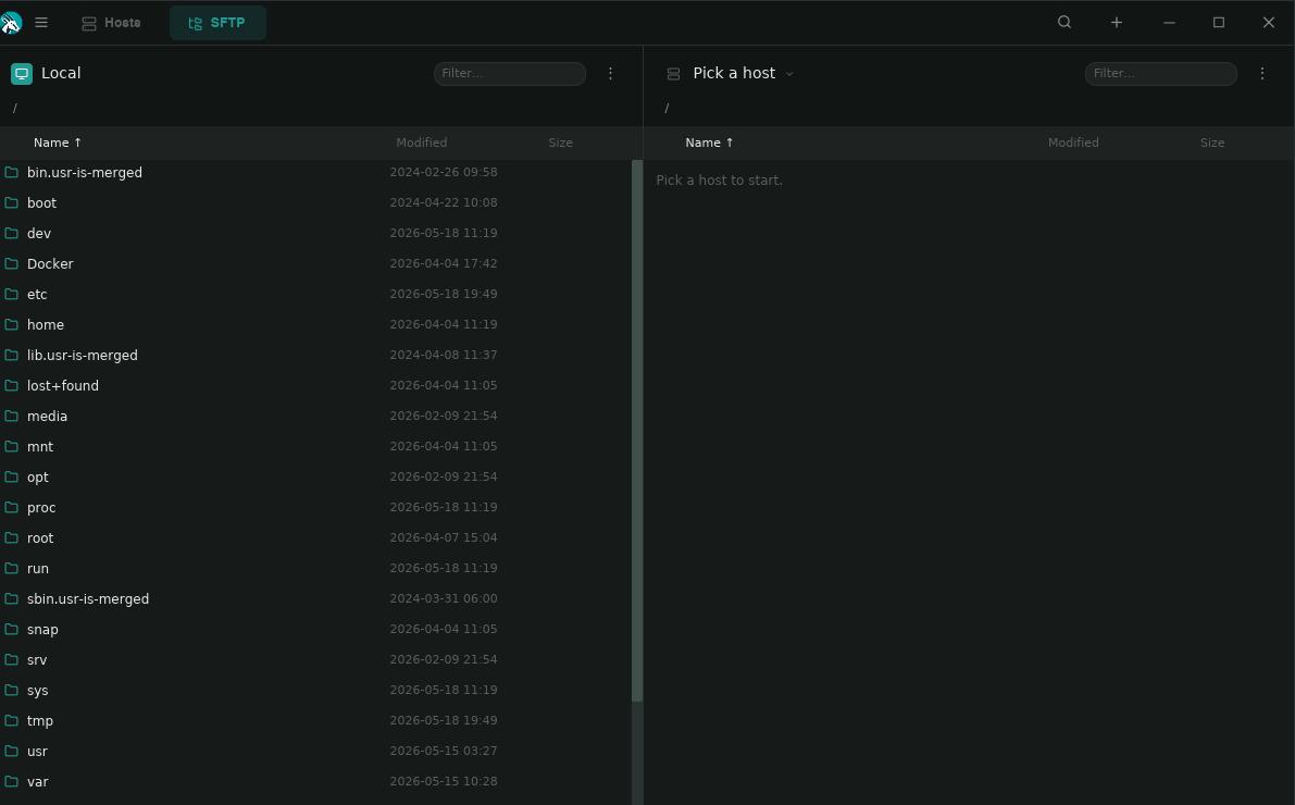 SFTP dual-pane browser, local on the left, remote on the right